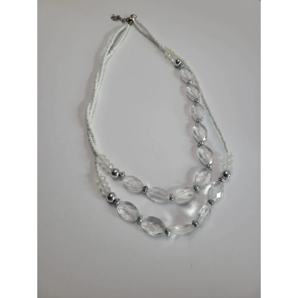 White Clear Double Strand Beaded Necklace Faceted Oval Silver Tone Statement